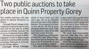 "Two Public Auctions to Take Place in QUINN PROPERTY Gorey". Gorey Guardian 16/01/18.