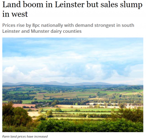 'Land boom in Leinster but sales slump in west'. Irish Independent: Farming Indepednent. 31/08/18.